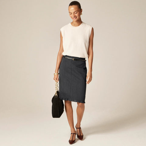 Ruffle-trim pencil midi skirt in pinstripe wool blend
