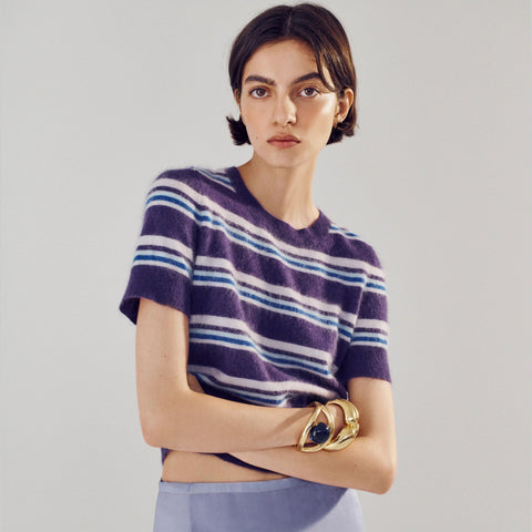 Brushed cashmere relaxed T-shirt in stripe