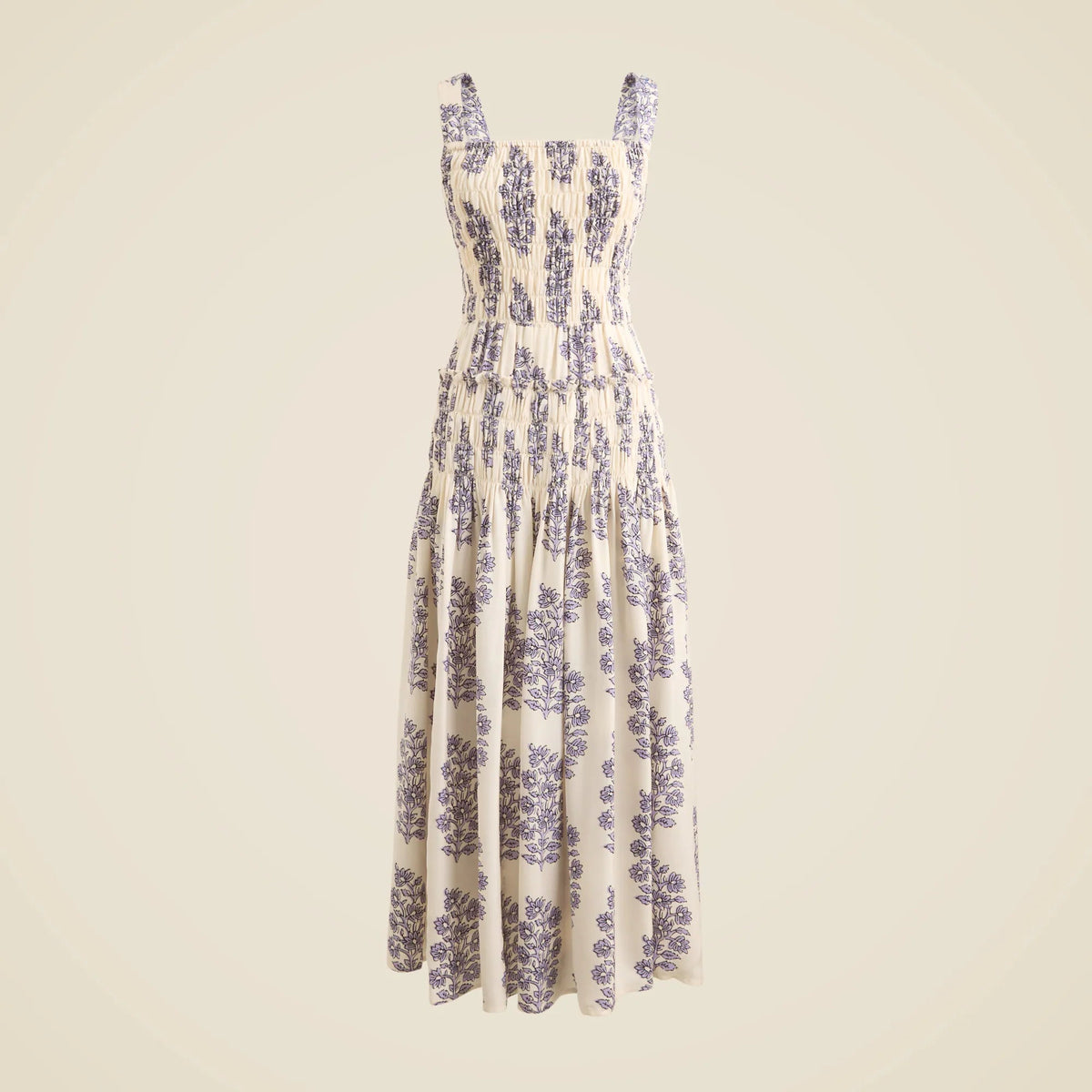Smocked-bodice midi dress in blooming lilac block print