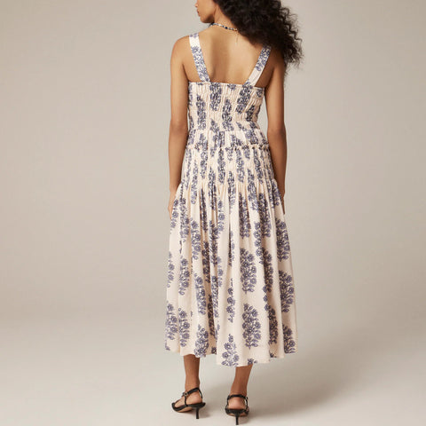 Smocked-bodice midi dress in blooming lilac block print