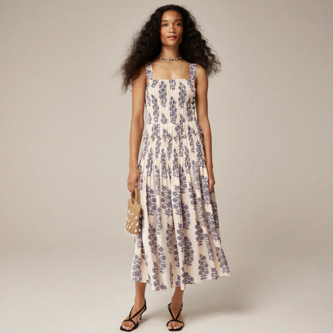 Smocked-bodice midi dress in blooming lilac block print