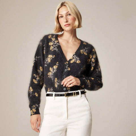 Brushed cashmere party cardigan in marigold print