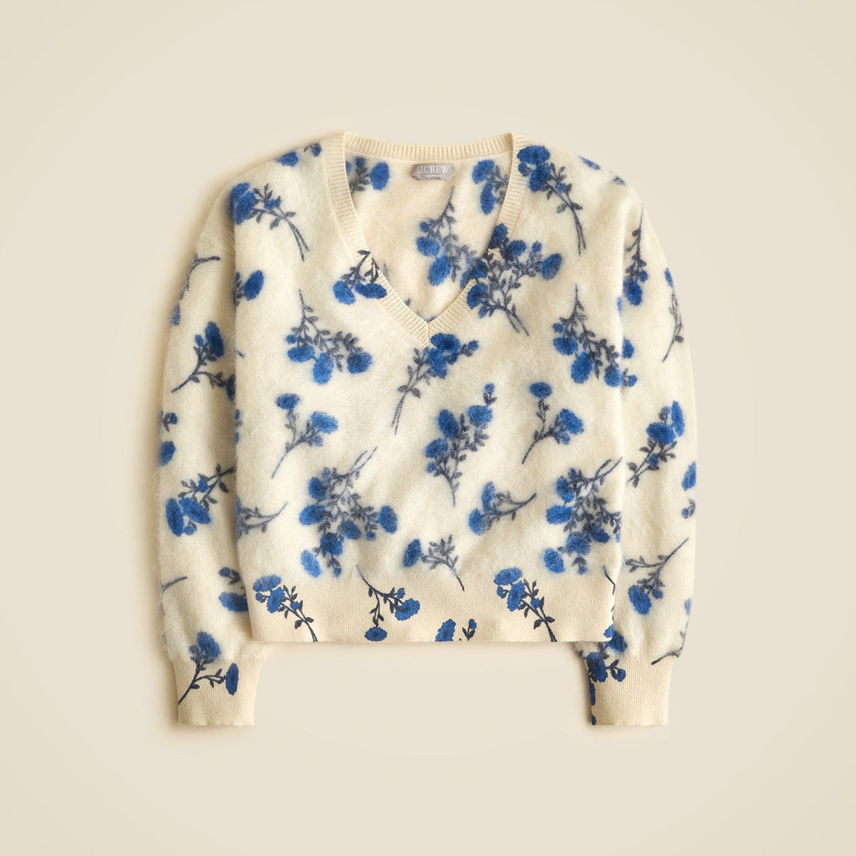 Brushed cashmere V-neck sweater in toile floral print