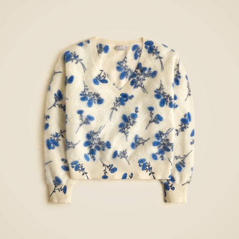 Brushed cashmere V-neck sweater in toile floral print