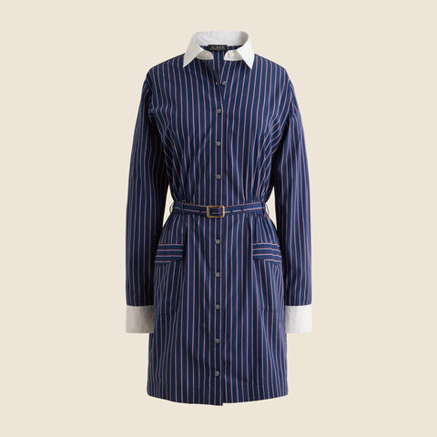 Belted mini shirt-dress in striped cotton poplin