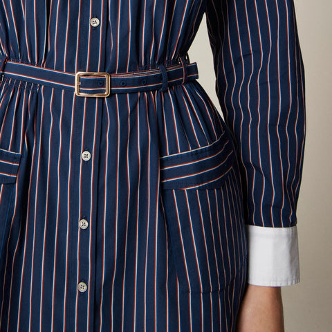 Belted mini shirt-dress in striped cotton poplin