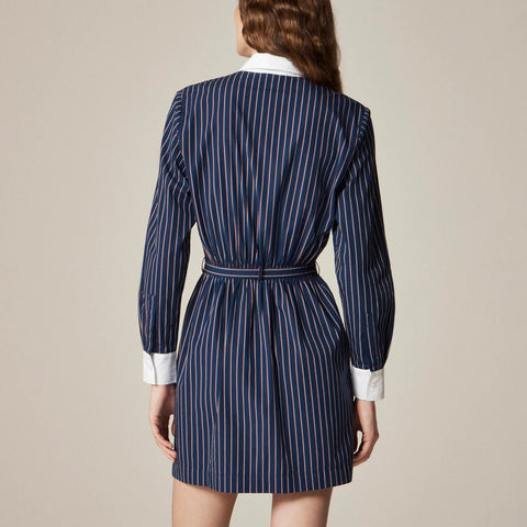 Belted mini shirt-dress in striped cotton poplin