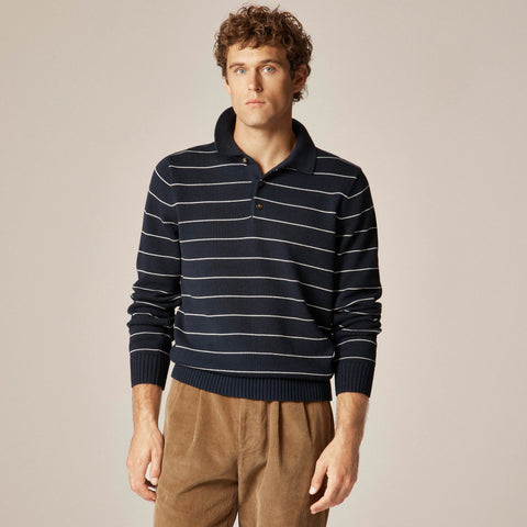 Heritage cotton long-sleeve sweater-polo in stripe