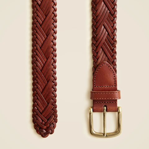 Braided leather belt with square brass buckle