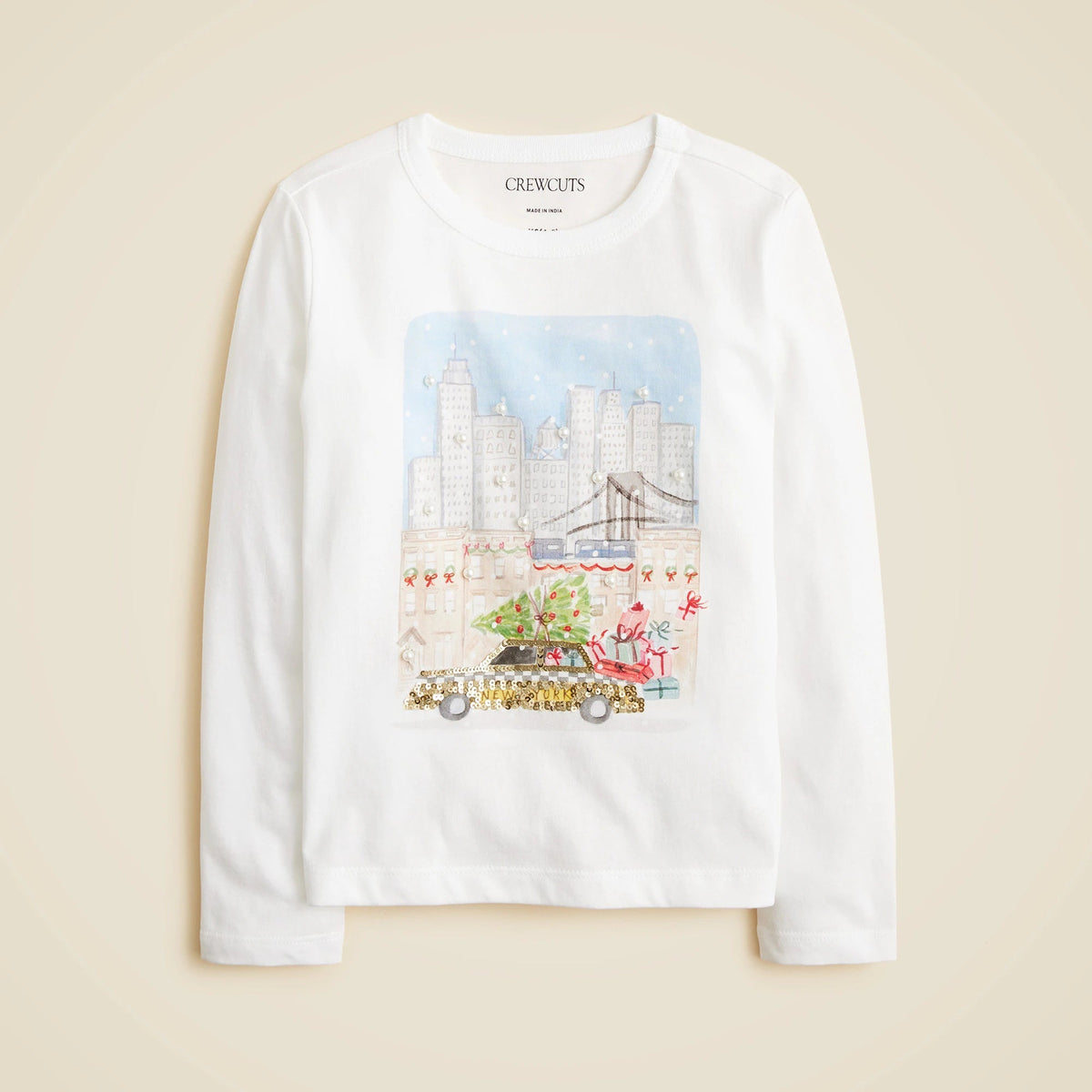 Girls' long-sleeve NYC holiday graphic T-shirt with sequins