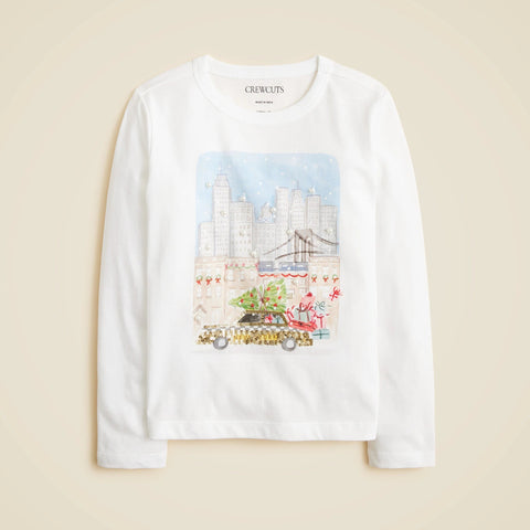Girls' long-sleeve NYC holiday graphic T-shirt with sequins