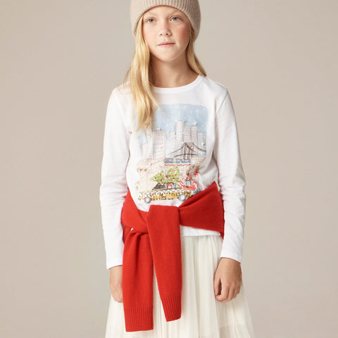 Girls' long-sleeve NYC holiday graphic T-shirt with sequins