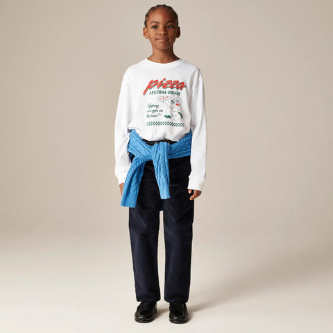 Kids' long-sleeve "Pizza aficiona-dough" graphic T-shirt