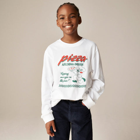 Kids' long-sleeve "Pizza aficiona-dough" graphic T-shirt