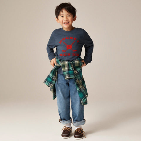 Kids' long-sleeve hockey graphic T-shirt with flocking