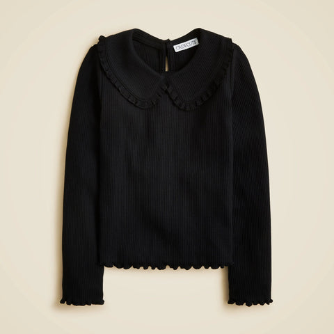 Girls' long-sleeve ruffle-collar top in vintage rib