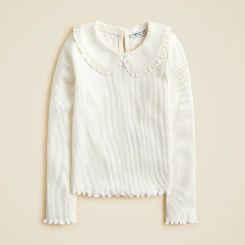 Girls' long-sleeve ruffle-collar top in vintage rib