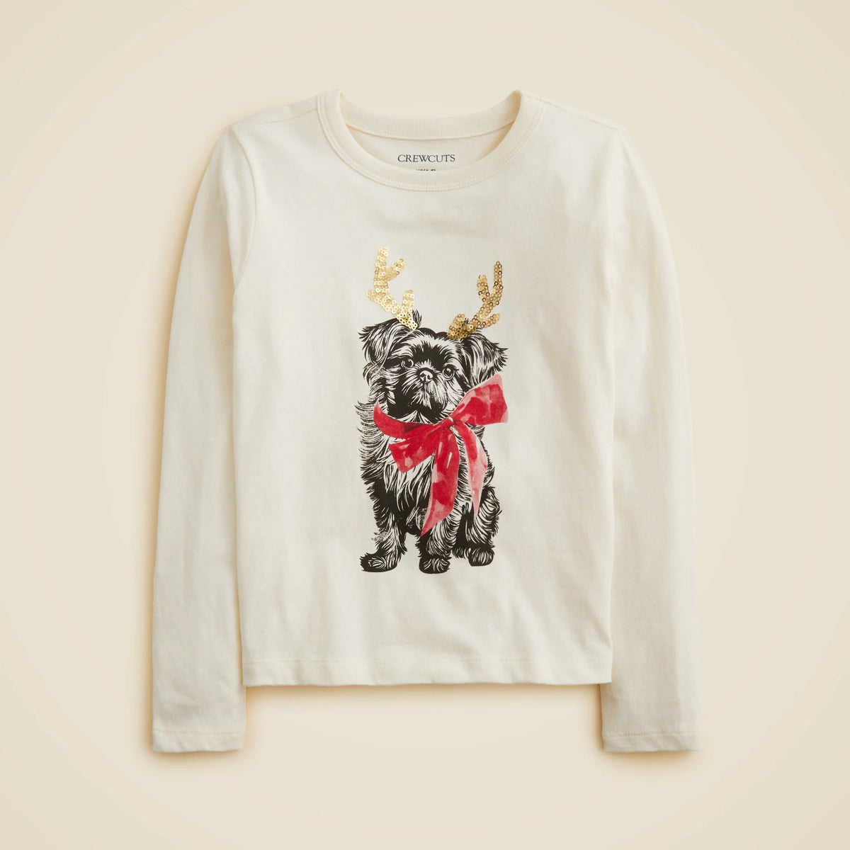 Girls' long-sleeve antler pup graphic T-shirt with sequins