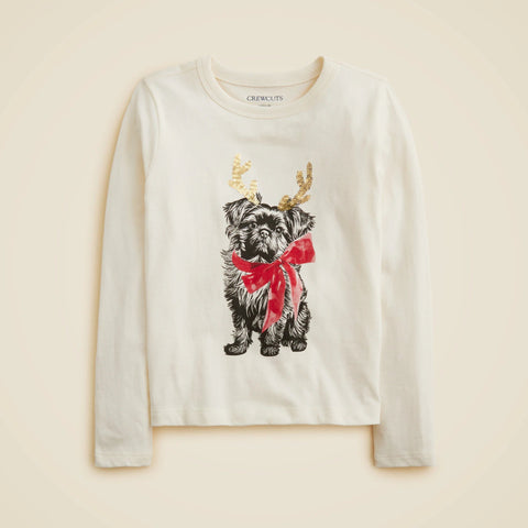 Girls' long-sleeve antler pup graphic T-shirt with sequins