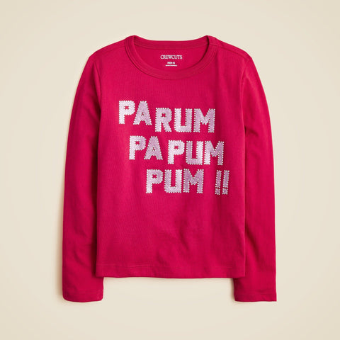 Girls' long-sleeve "Pa rum pa pum" graphic T-shirt with embellishments