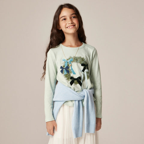Girls' long-sleeve wreath graphic T-shirt with embellishments