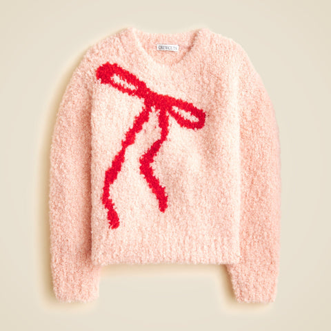 Girls' bow crewneck sweater in bubble yarn
