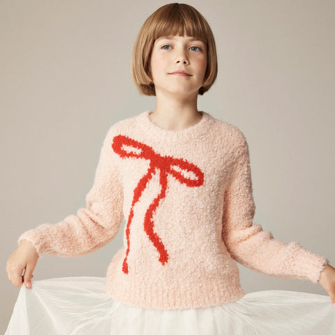 Girls' bow crewneck sweater in bubble yarn