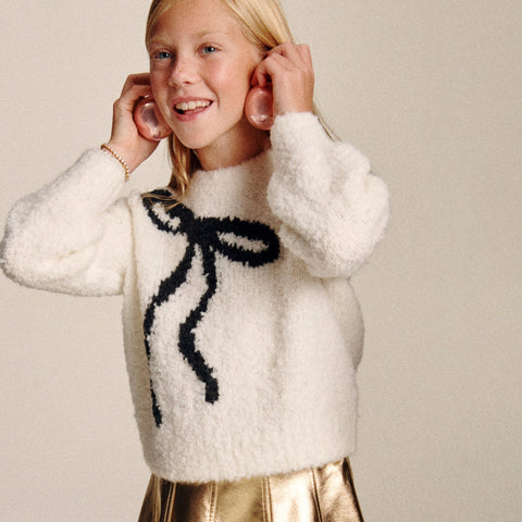 Girls' bow crewneck sweater in bubble yarn