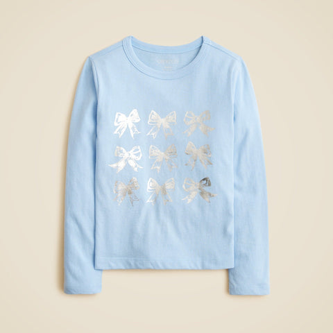 Girls' long-sleeve bow graphic T-shirt with metallic foil