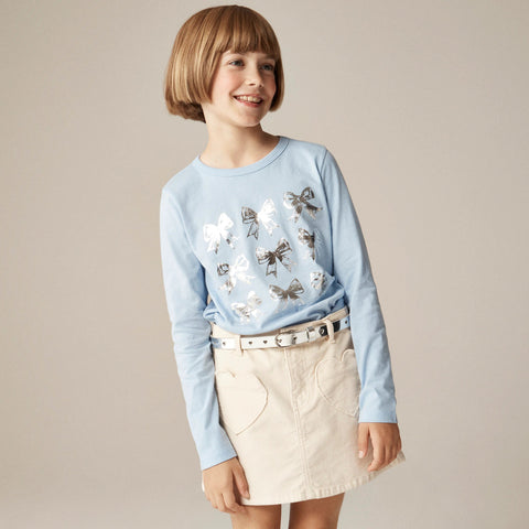 Girls' long-sleeve bow graphic T-shirt with metallic foil