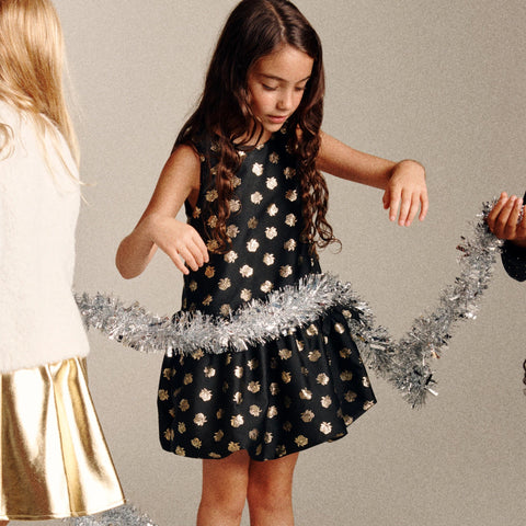 Girls' bubble-skirt dress in metallic rosette jacquard