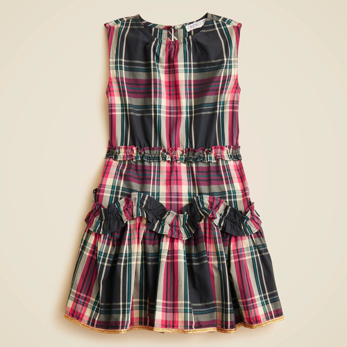 Girls' cotton poplin ruffle dress in Stewart tartan