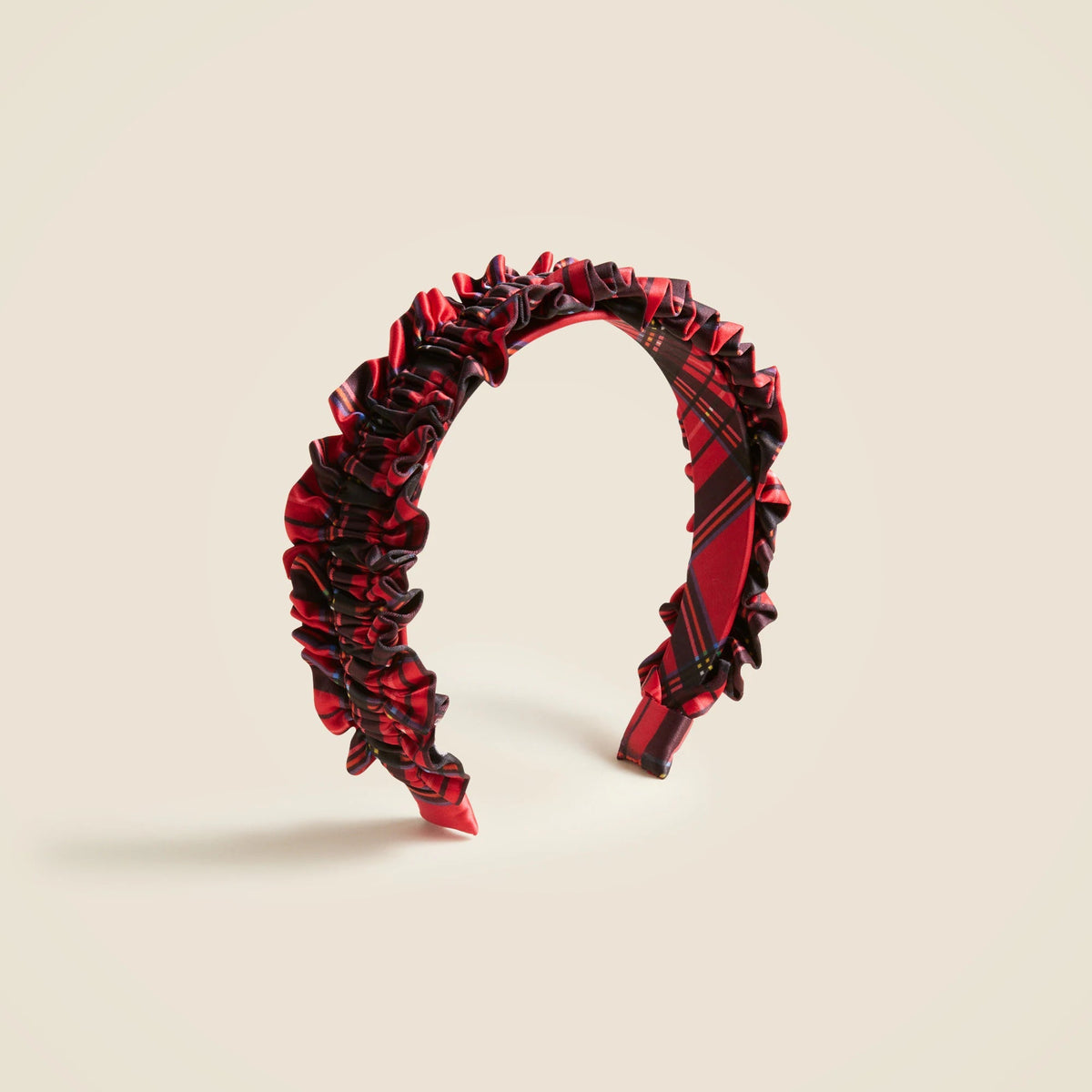 Girls' satin ruffle headband in Good Tidings plaid