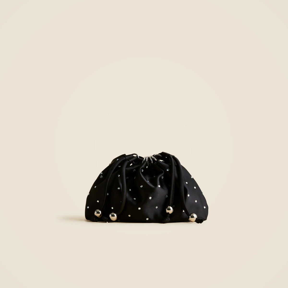 Drawstring pouch bag in crystal-embellished satin