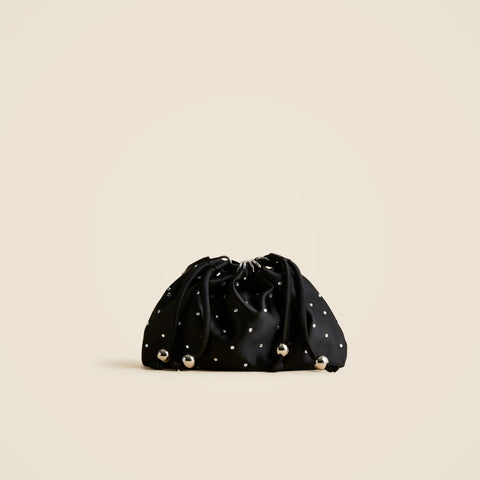 Drawstring pouch bag in crystal-embellished satin