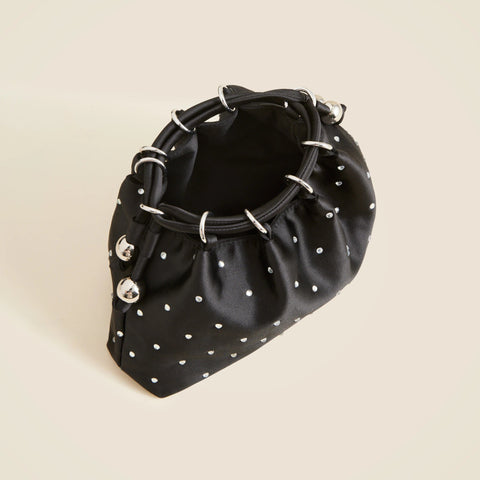 Drawstring pouch bag in crystal-embellished satin