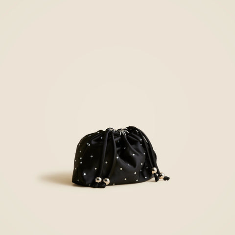 Drawstring pouch bag in crystal-embellished satin