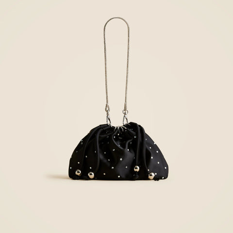 Drawstring pouch bag in crystal-embellished satin