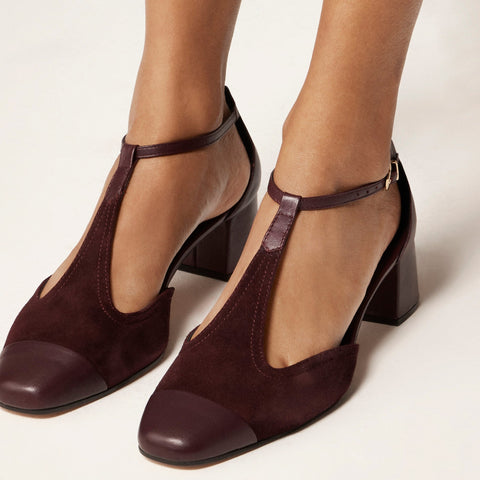 Mollie T-strap cutout heels in suede