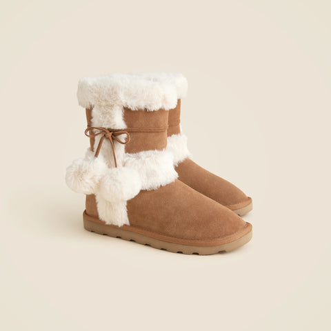 Faux-fur booties in suede with pom-poms