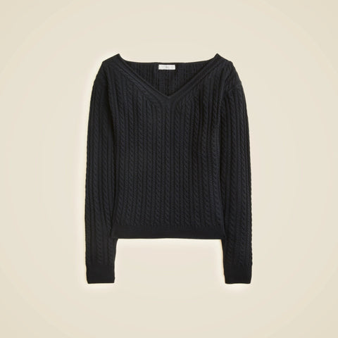 Cable-knit wide V-neck sweater in merino wool