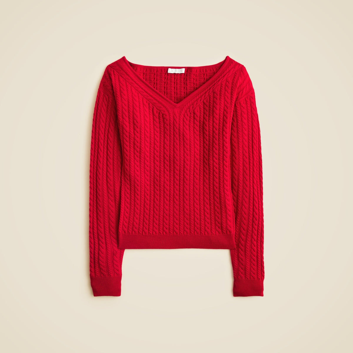 Cable-knit wide V-neck sweater in merino wool