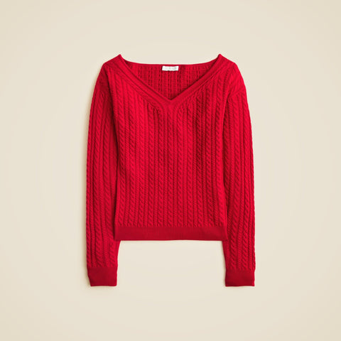 Cable-knit wide V-neck sweater in merino wool