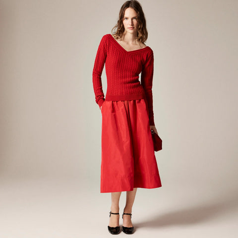 Cable-knit wide V-neck sweater in merino wool