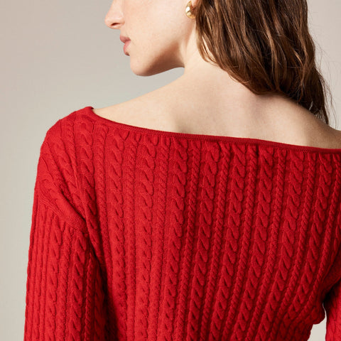 Cable-knit wide V-neck sweater in merino wool