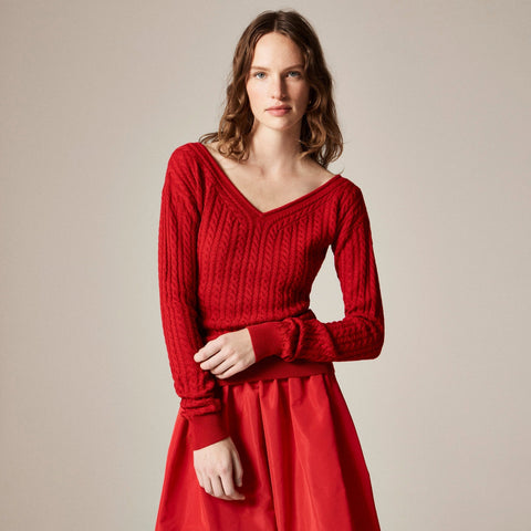 Cable-knit wide V-neck sweater in merino wool