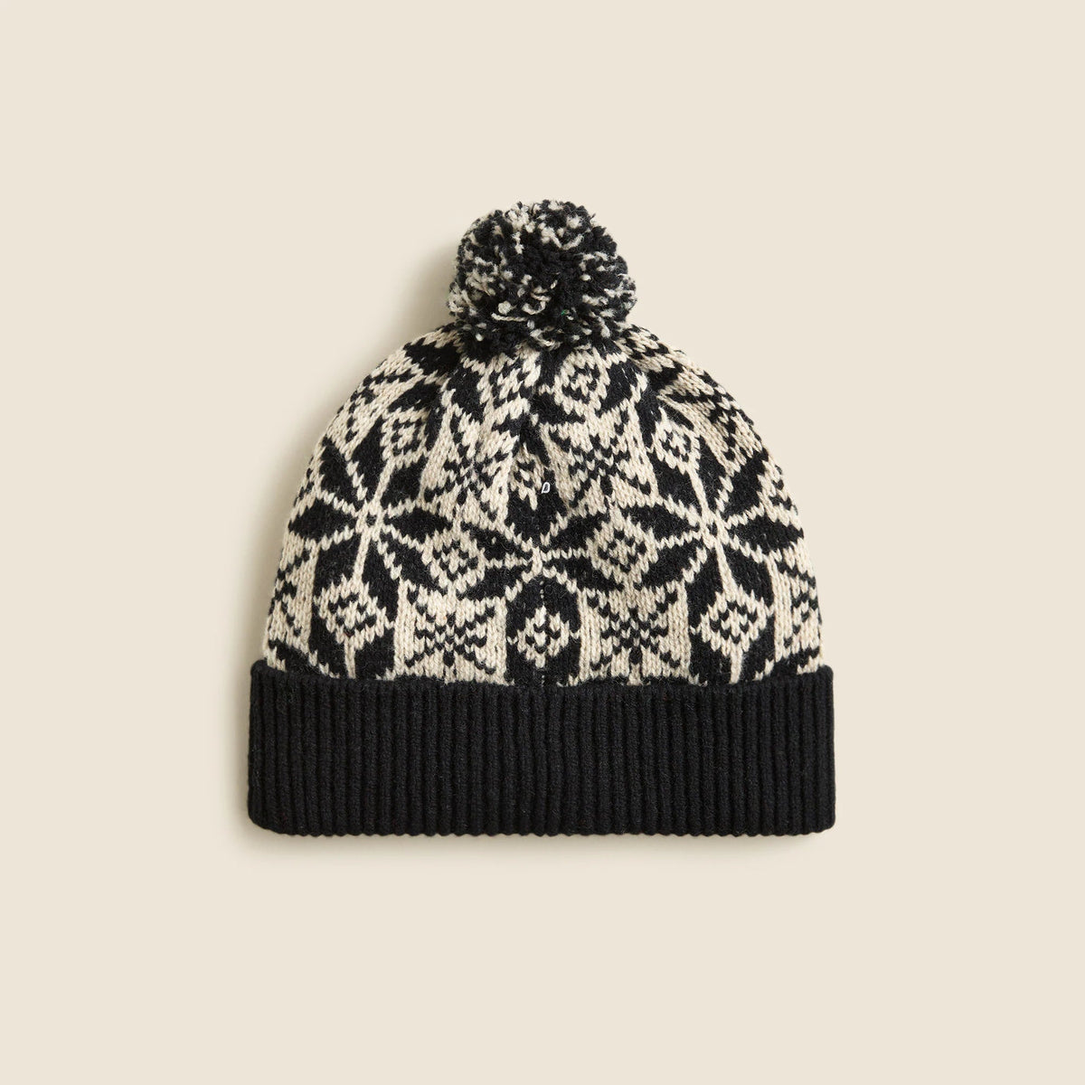Lambswool jacquard snowflake pom-pom beanie