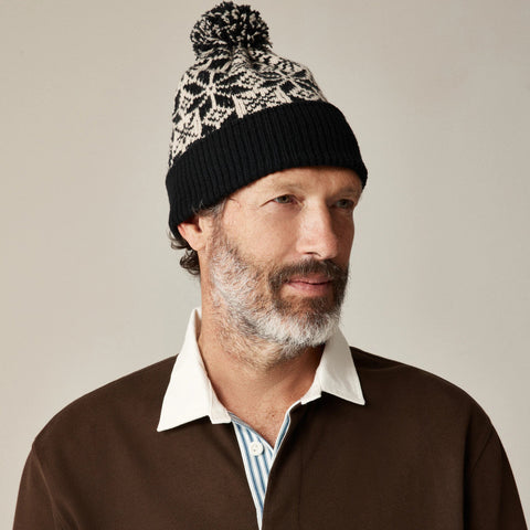 Lambswool jacquard snowflake pom-pom beanie