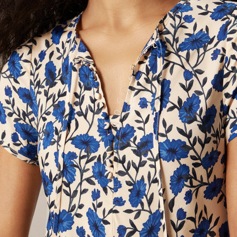 Short-sleeve slip dress in indigo daisy print