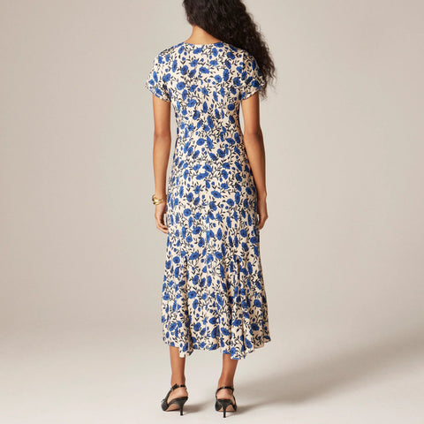 Short-sleeve slip dress in indigo daisy print